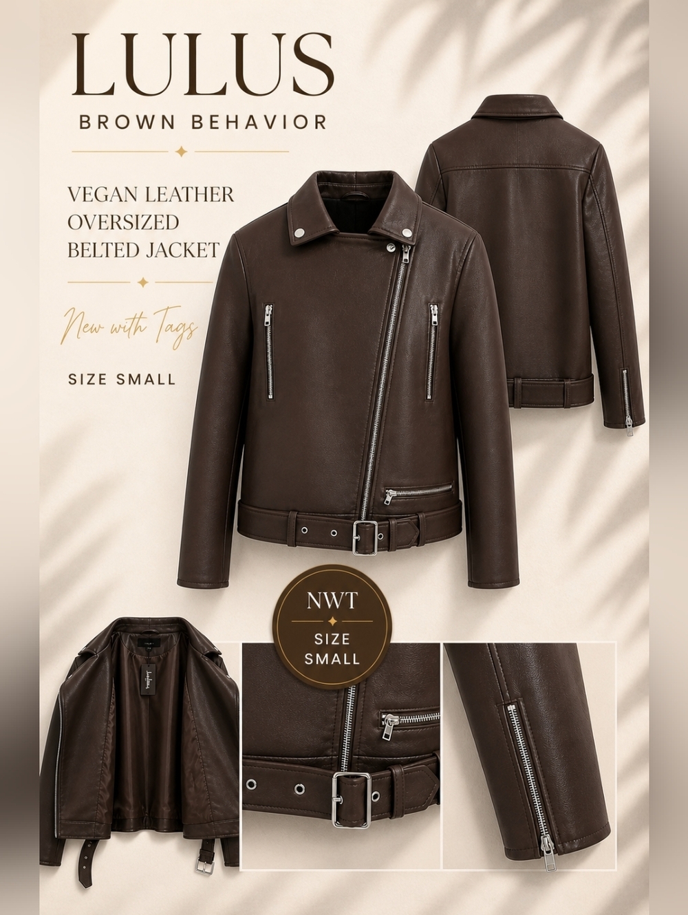 Lulus Brown Behavior Vegan Leather Moto Jacket Oversized Belted NWT Small